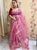 Resham Silk Muslin Handloom Jamdani Saree in Baby Pink