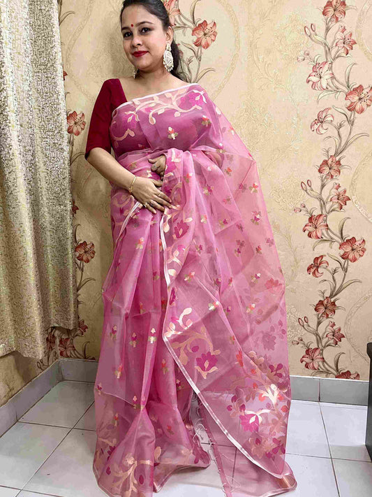 Resham Silk Muslin Handloom Jamdani Saree in Baby Pink