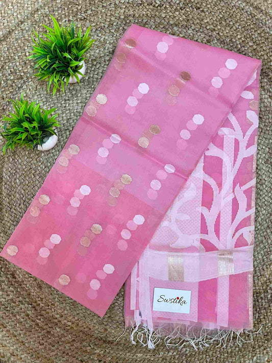 Peach Pink Resham Silk Muslin Saree with Jamdani handloom weave by Desi Aadat