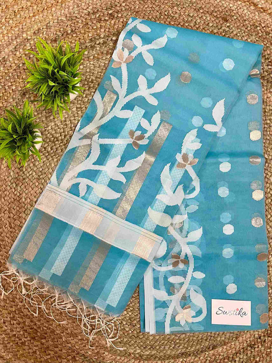 Sky Blue Resham Silk Muslin Saree with Jamdani handloom weave by Desi Aadat