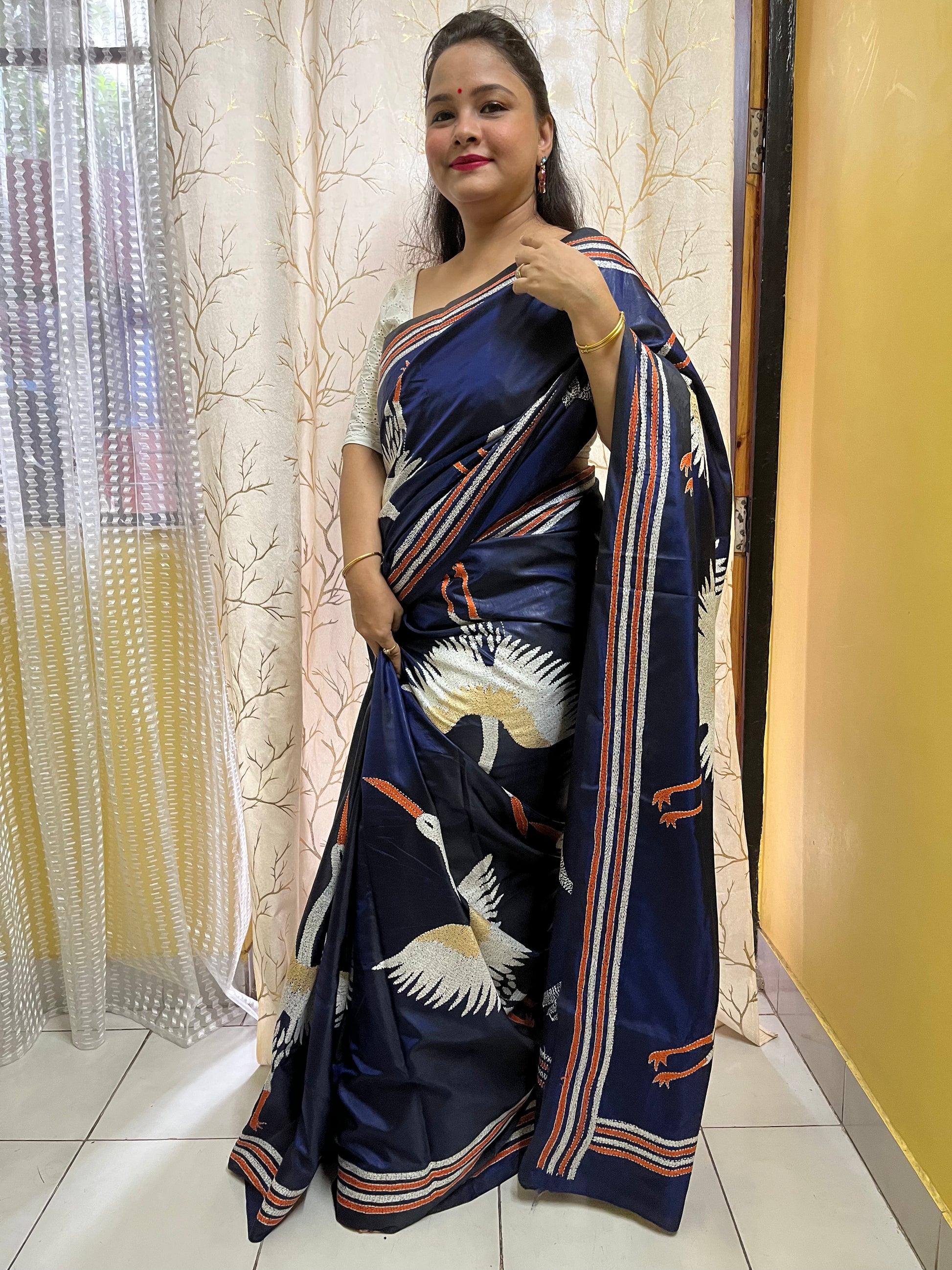 Royal blue crane motif kantha stitch saree with handwoven embroidery by Desi Aadat