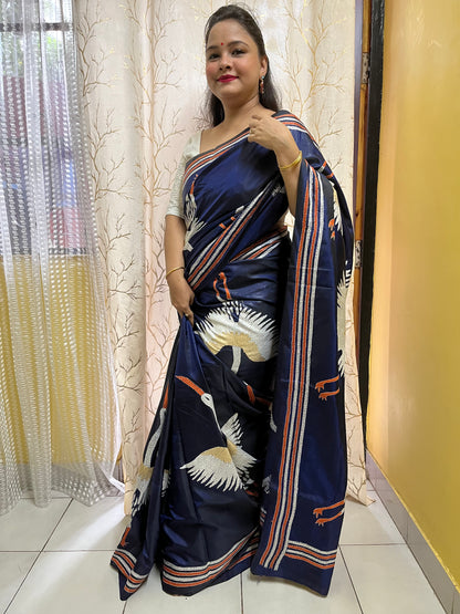 Royal blue crane motif kantha stitch saree with handwoven embroidery by Desi Aadat