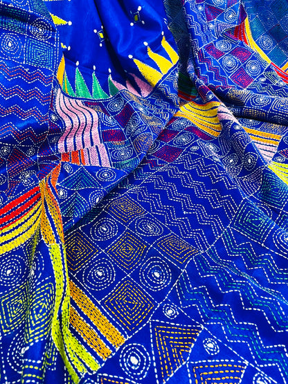 Close-up of Kantha patchwork embroidery in tonal blue on royal blue silk saree
