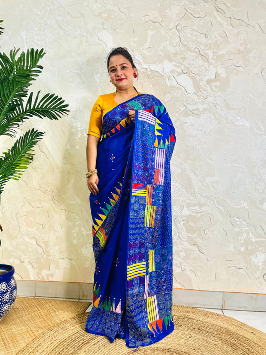 Royal blue Kantha stitch saree with geometric pattern, front standing view