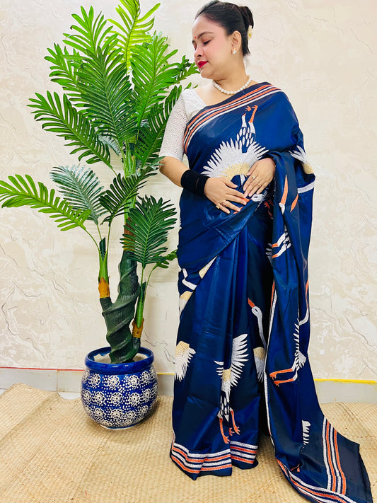 Royal Blue Crane Motif Kantha Stitch Saree
