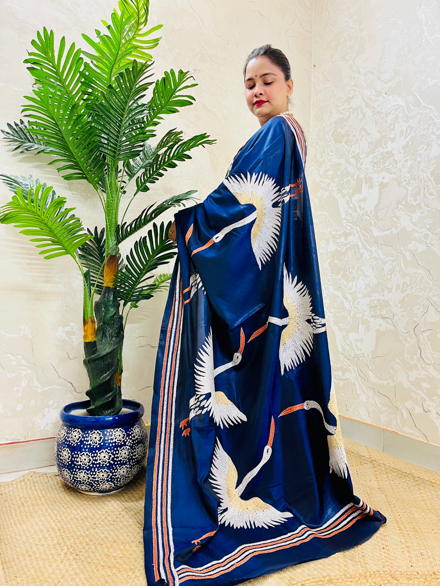 Royal Blue Crane Motif Kantha Stitch Saree