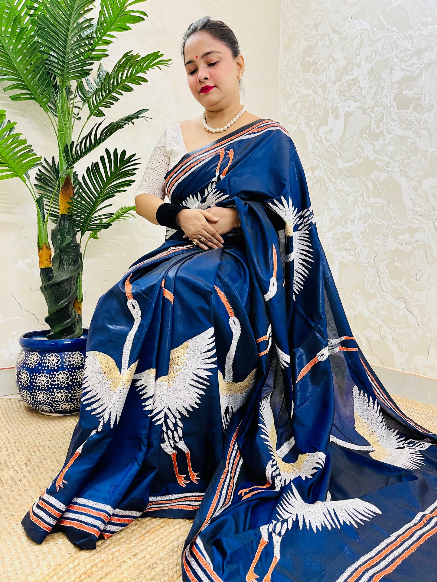 Royal Blue Crane Motif Kantha Stitch Saree