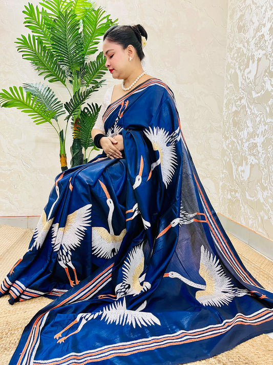 Royal Blue Crane Motif Kantha Stitch Saree