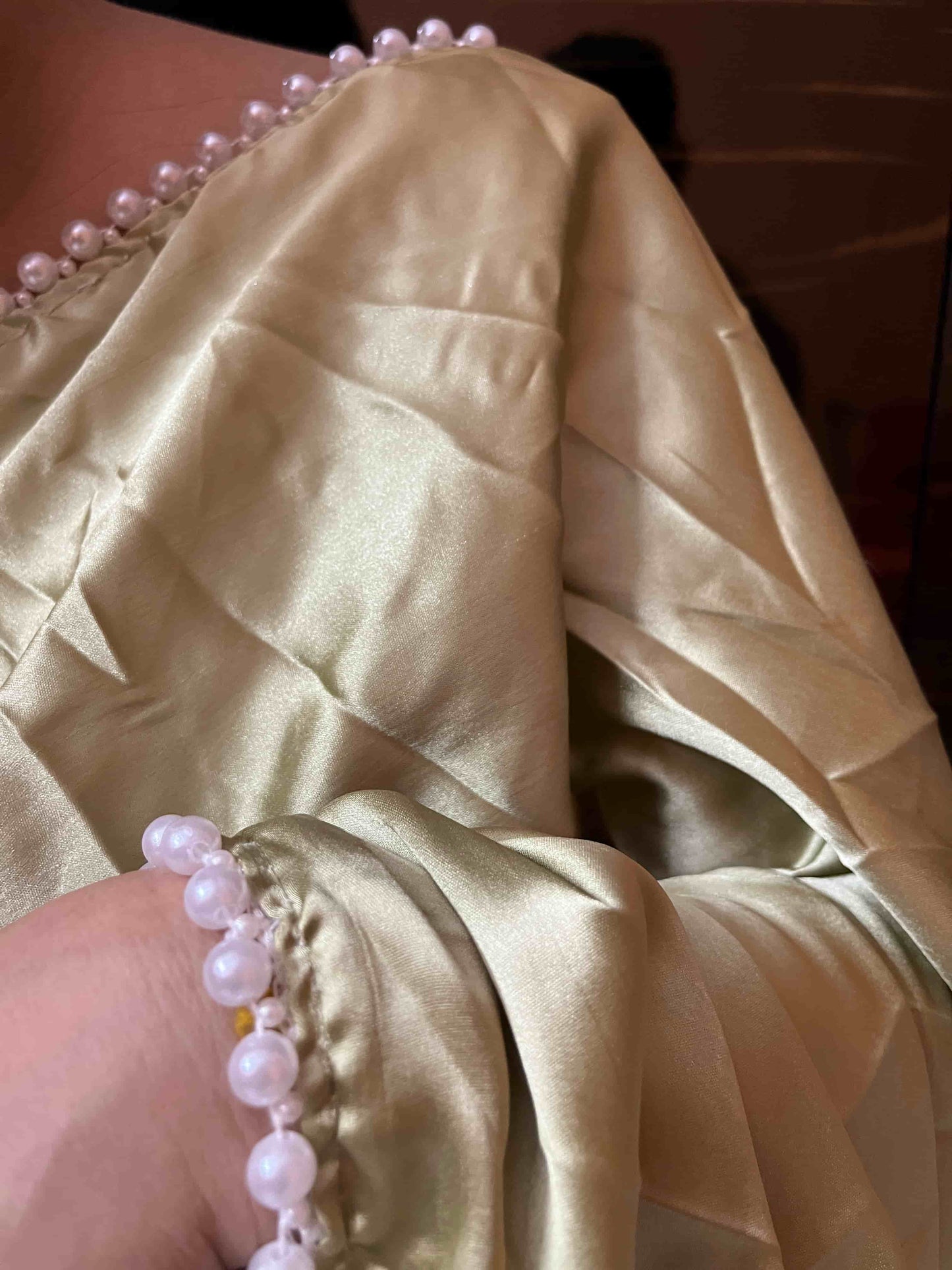 Detail of Handwoven Design on Sage Green Satin Silk Saree