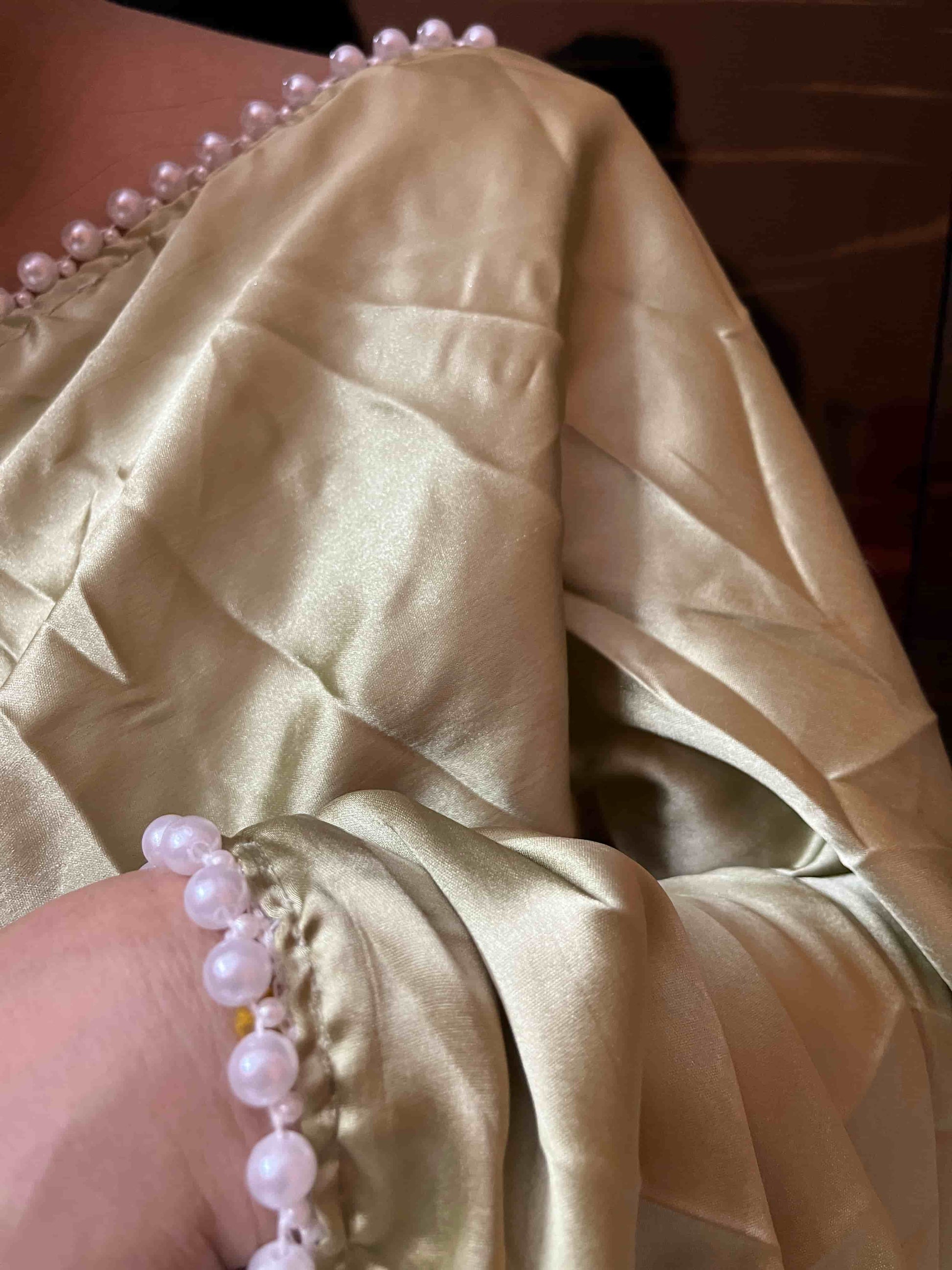 Detail of Handwoven Design on Sage Green Satin Silk Saree