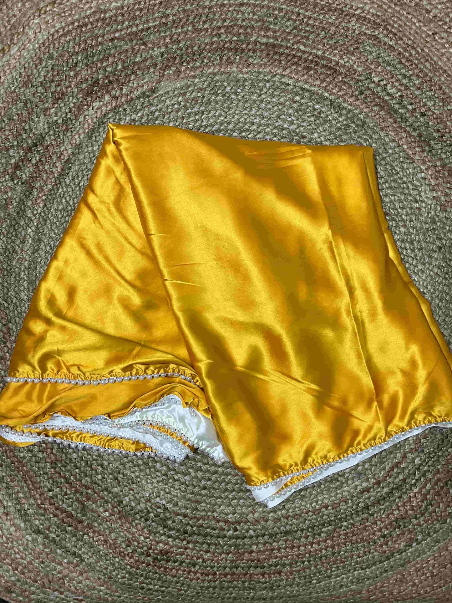 Handwoven Golden Yellow Pearl Satin Silk Saree with intricate craftsmanship by Desi Aadat