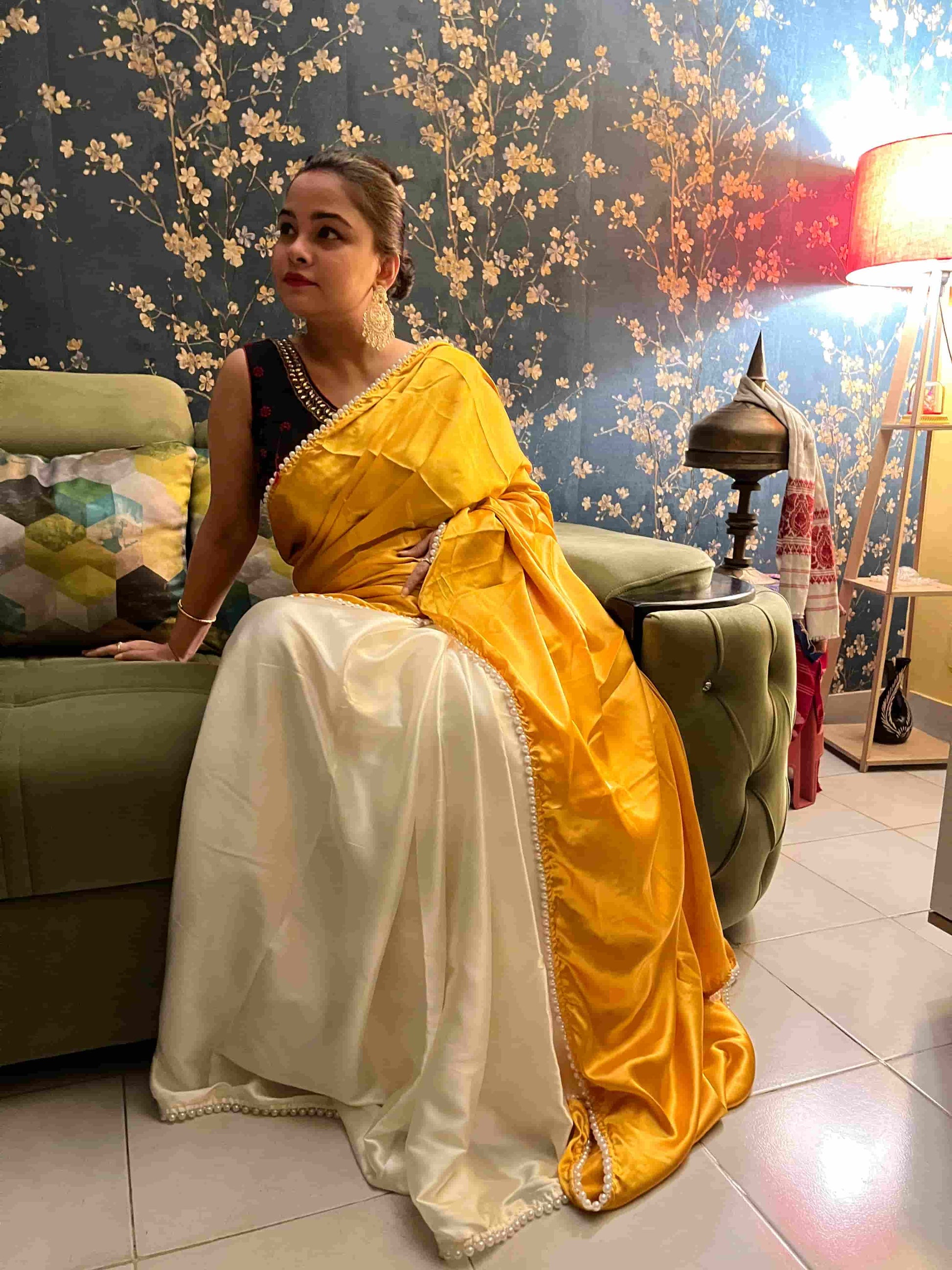Handwoven Golden Yellow Pearl Satin Silk Saree with intricate craftsmanship by Desi Aadat