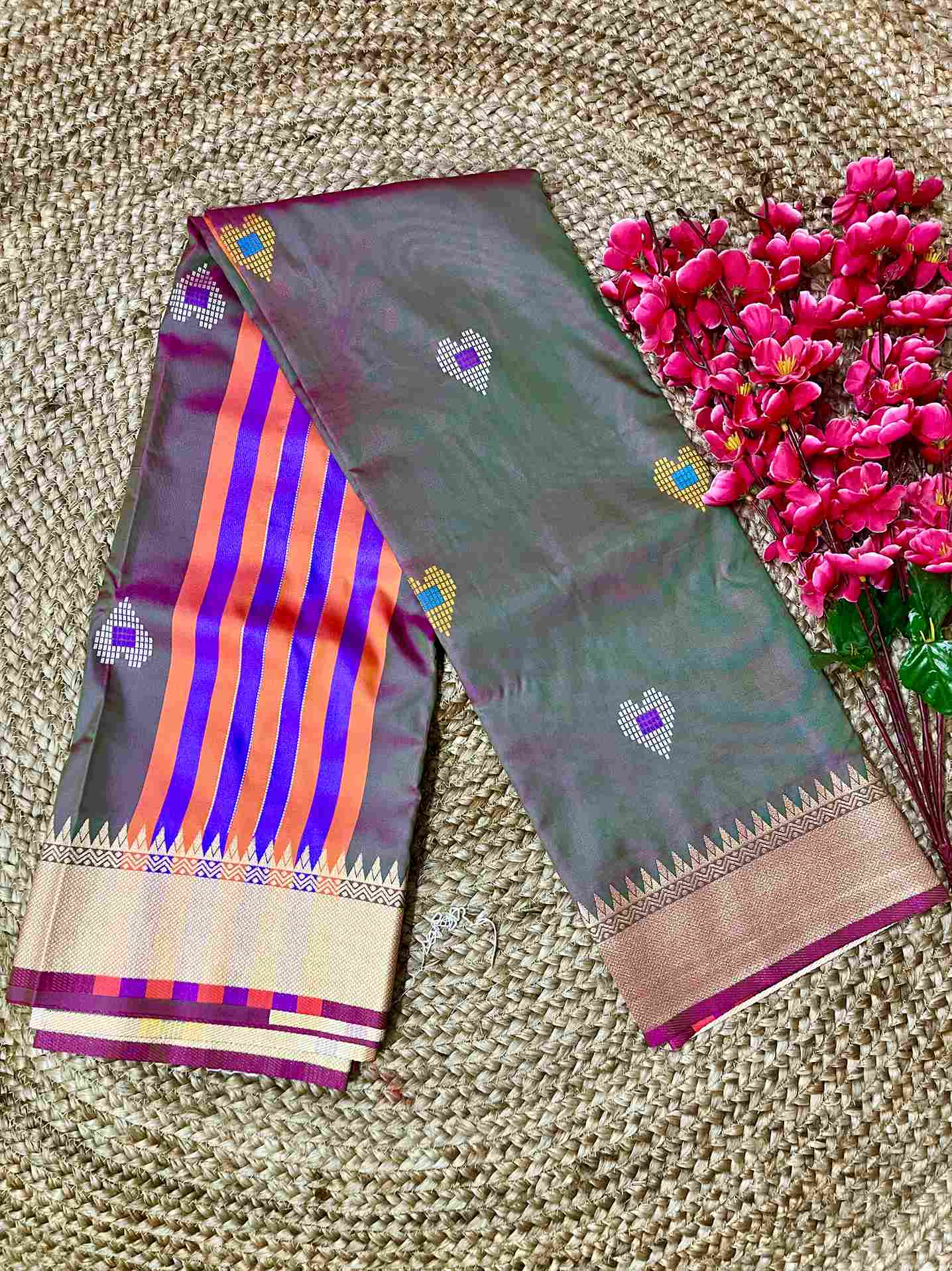 Bottle Green Semi Katan Silk Saree with Handwoven Deer Design