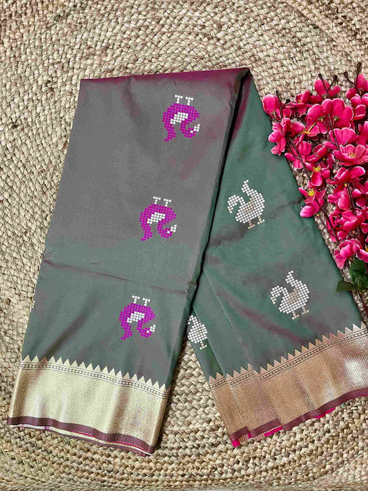 Luxury Handwoven Katan Silk Saree with Peacock Motif