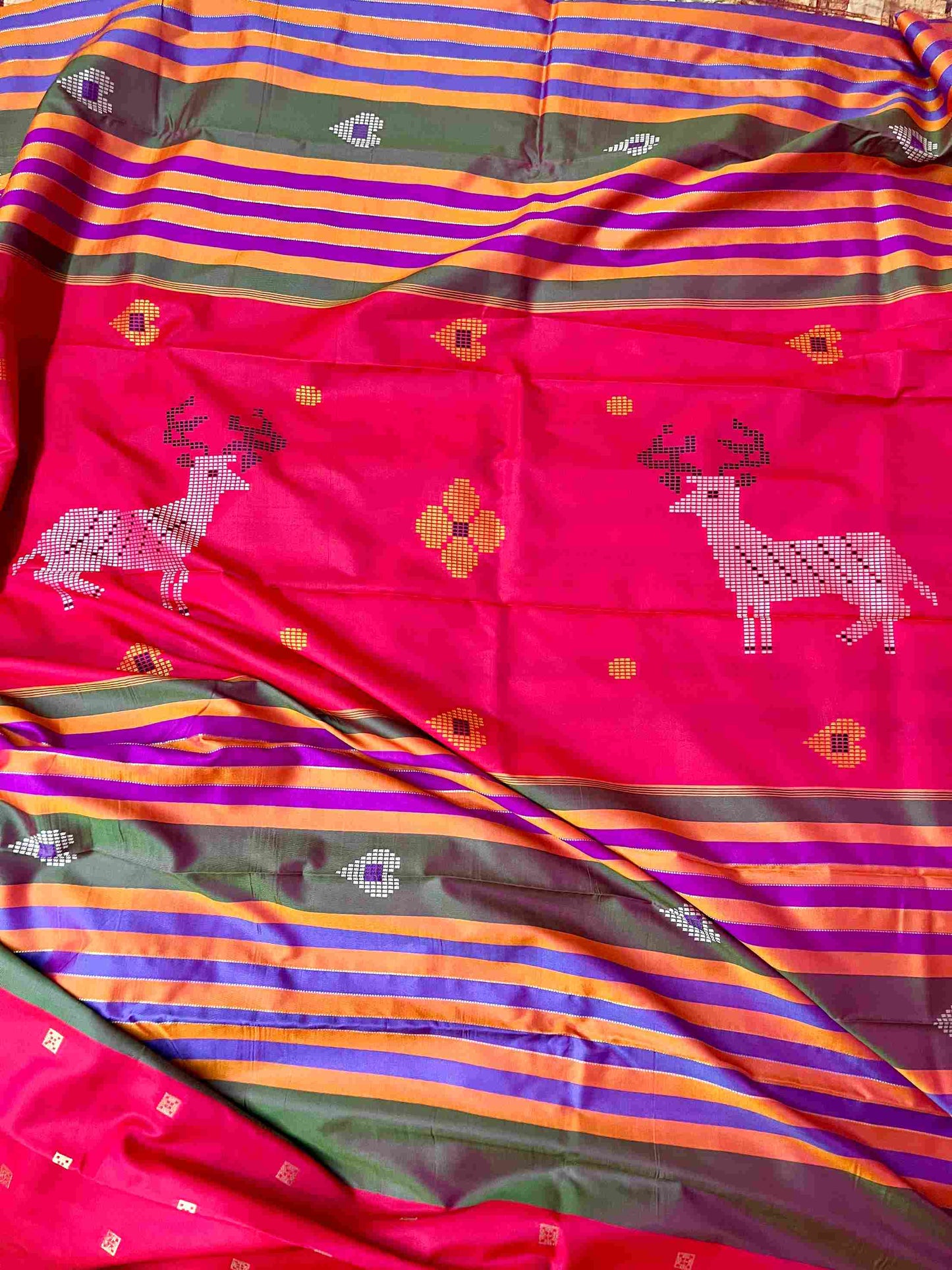 Handcrafted Bottle Green Katan Silk Saree with Elegant Deer Motif
