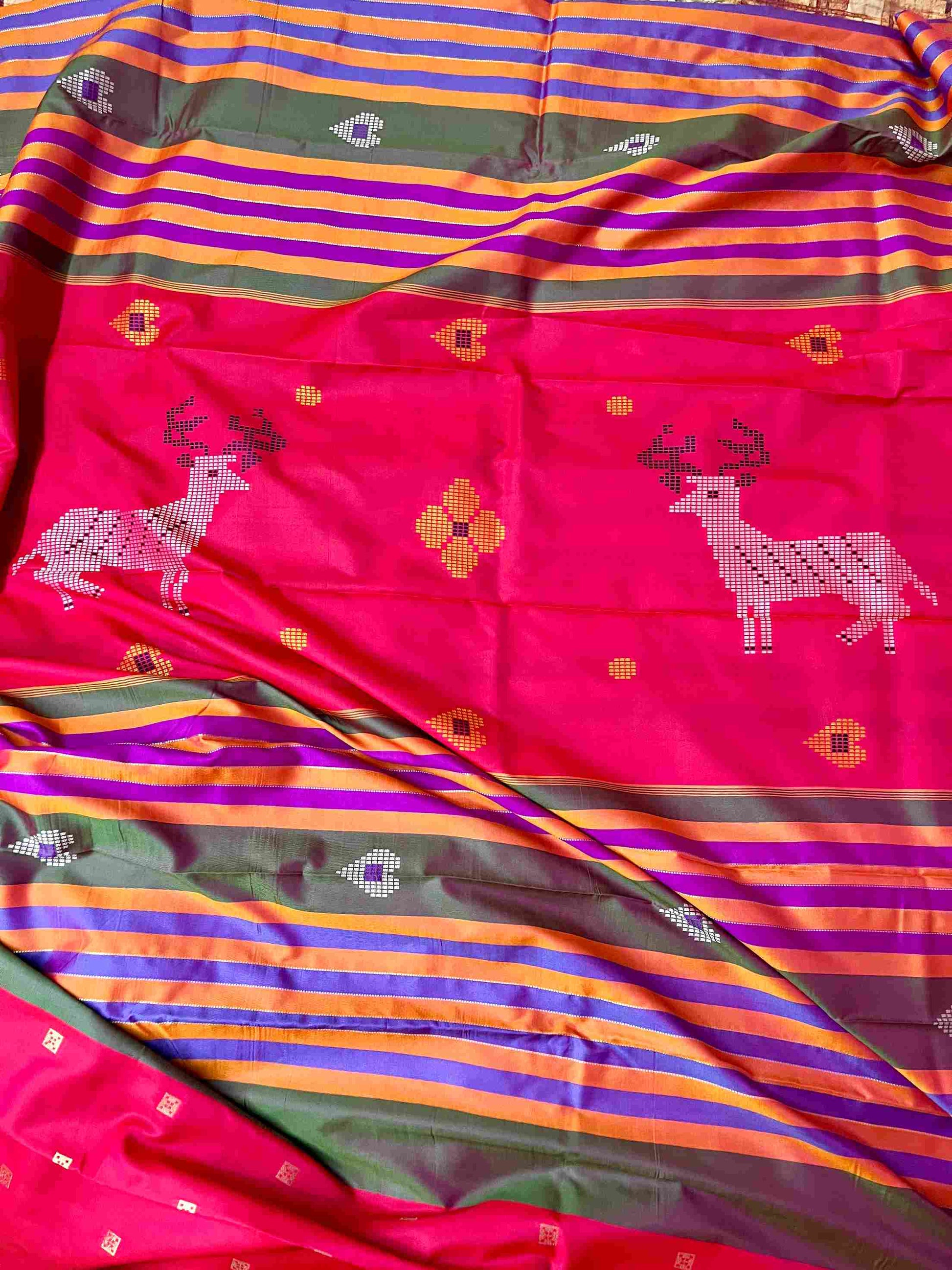 Handcrafted Bottle Green Katan Silk Saree with Elegant Deer Motif