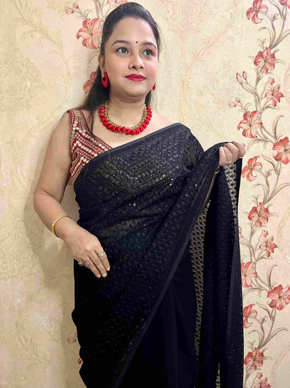 Woman Draped in Black Sequence Georgette Saree - Party Look