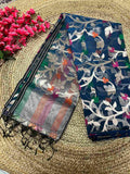 Resham Silk Muslin Handloom Jamdani Saree in Blue - Full View