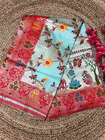 Silk Tissue Jaal Work Saree - Light Blue | Handmade Luxury Ethnic Wear by Desi Aadat