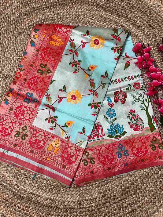 Silk Tissue Jaal Work Saree - Light Blue | Handmade Luxury Ethnic Wear by Desi Aadat