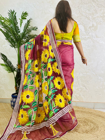 Handcrafted sunflower Kantha stitch saree in wine red, back pallu detail standing
