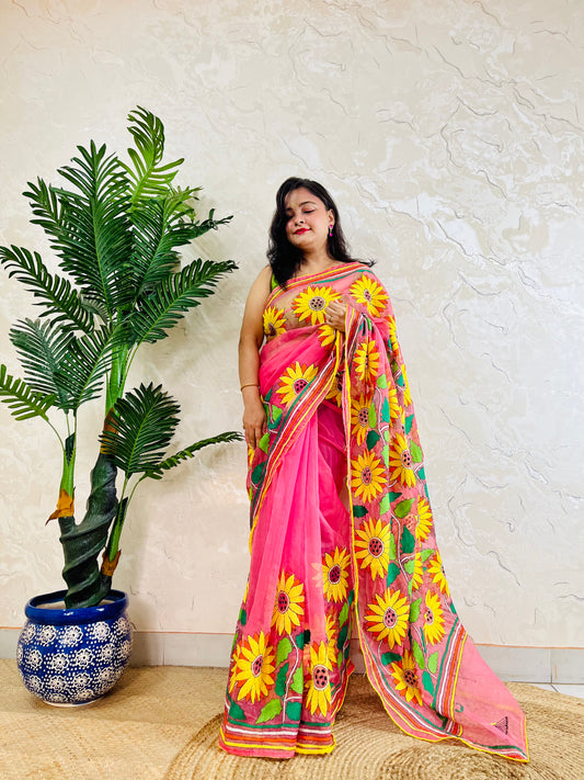 Baby pink handwoven organza saree with Sunflower Kantha stitch embroidery, front drape view – Desi Aadat