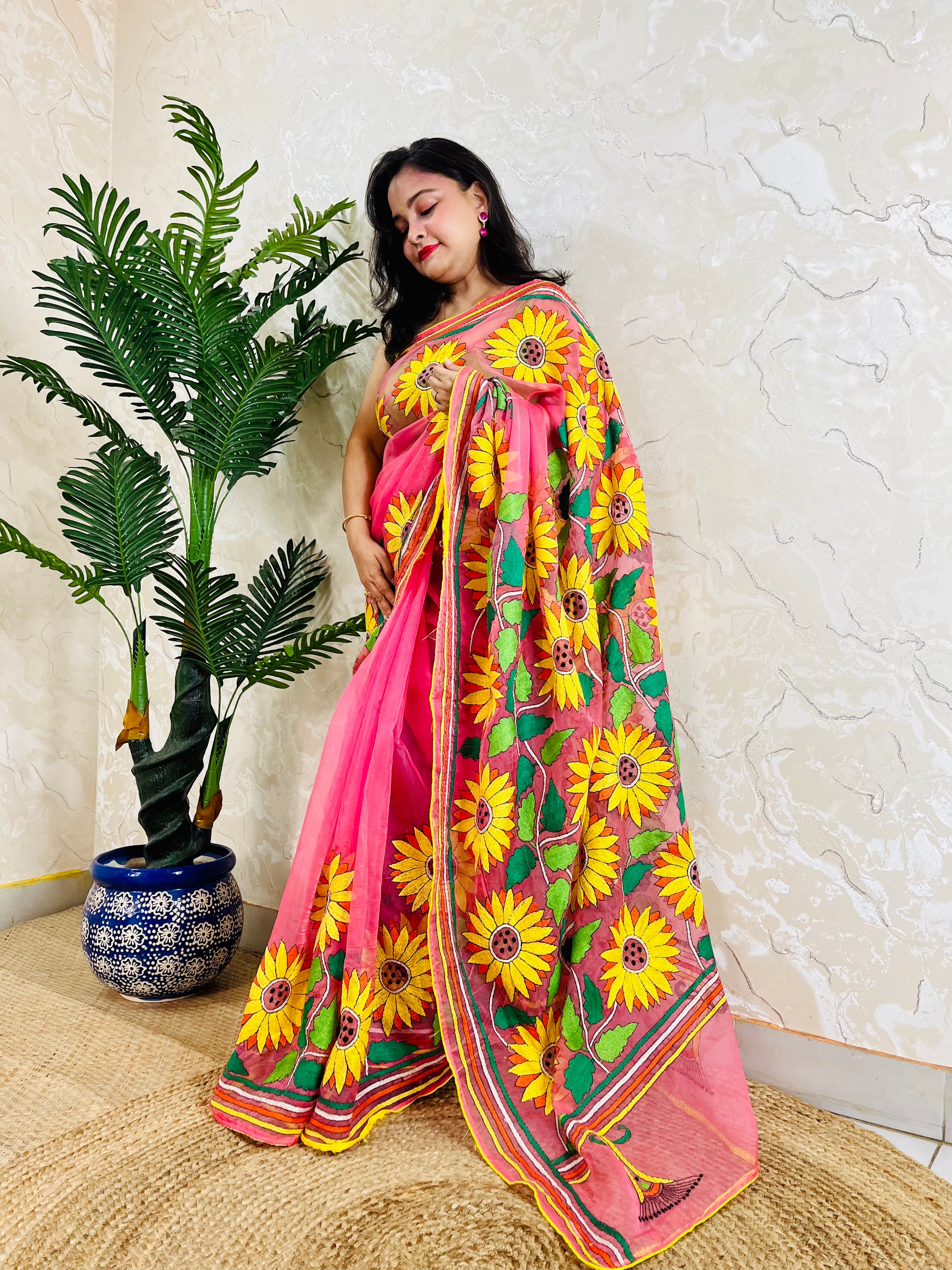 Baby pink handwoven organza saree with Sunflower Kantha stitch embroidery, front drape view – Desi Aadat