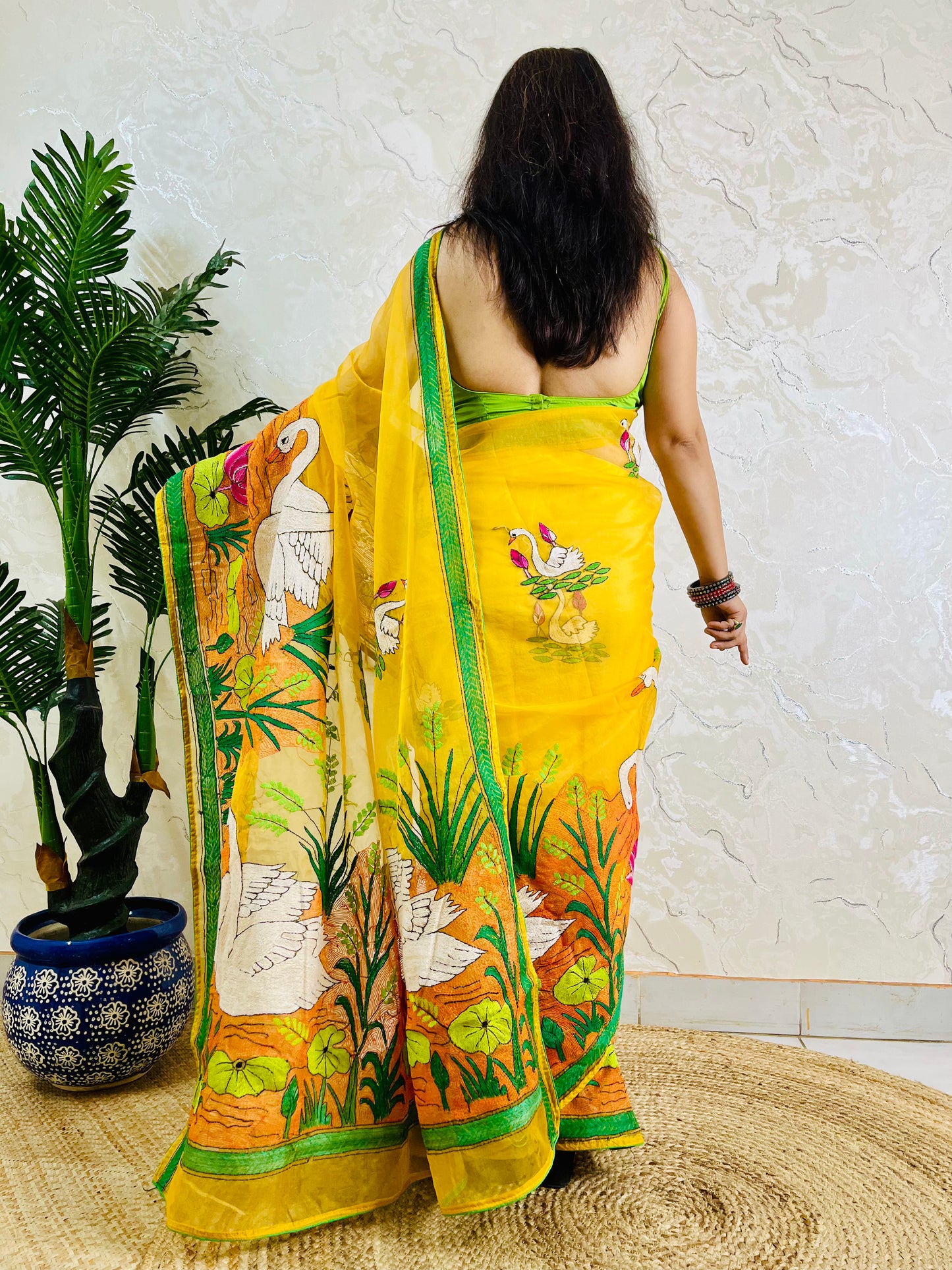 Sunshine Yellow Swan Lotus Kantha Stitch Hand Embroidered Organza Saree
