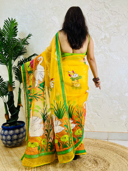 Sunshine Yellow Swan Lotus Kantha Stitch Hand Embroidered Organza Saree