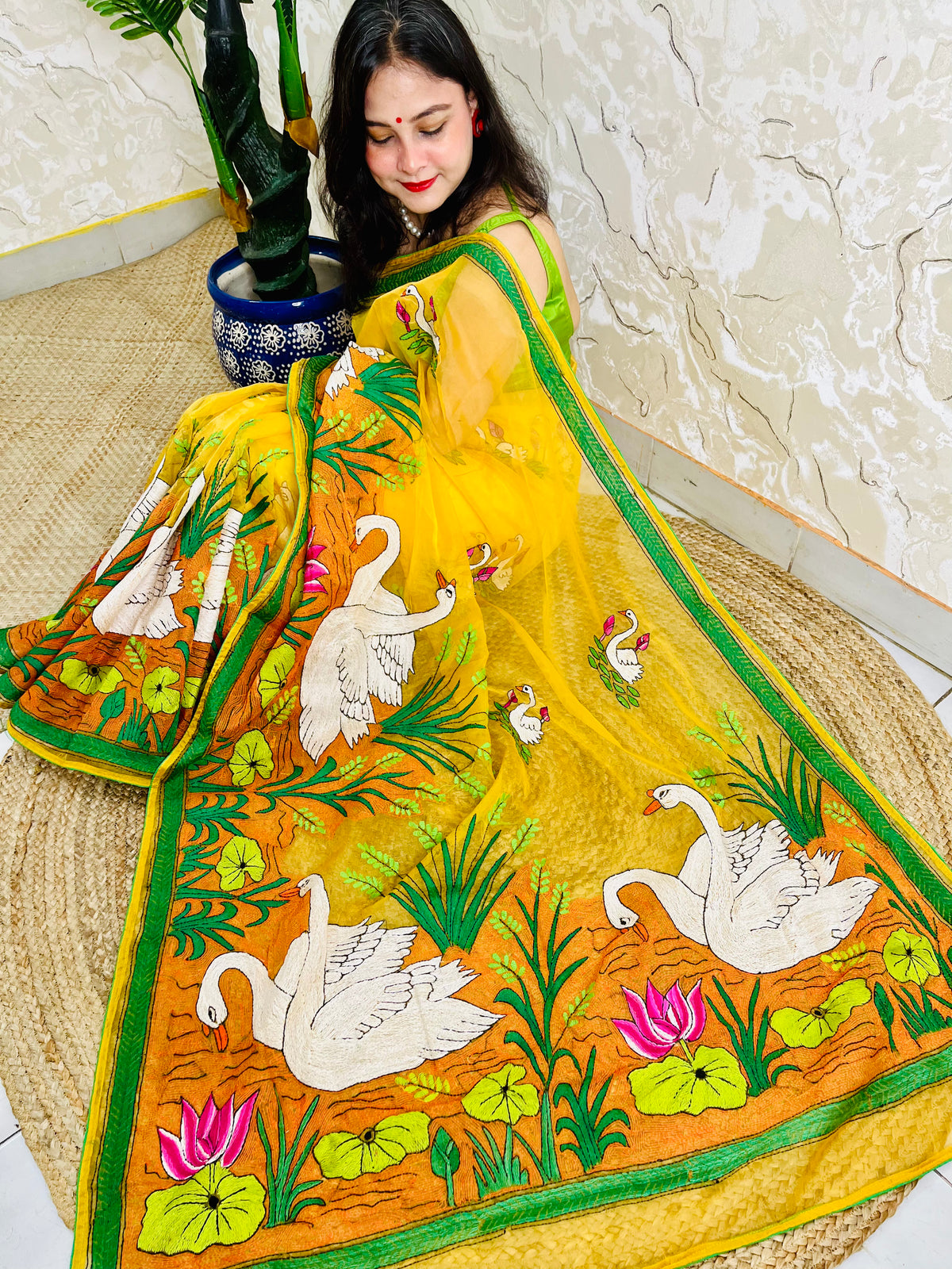 Sunshine Yellow Swan Lotus Kantha Stitch Hand Embroidered Organza Saree