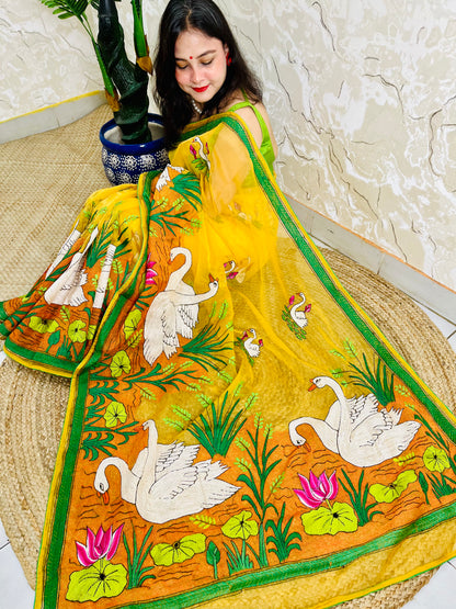 Sunshine Yellow Swan Lotus Kantha Stitch Hand Embroidered Organza Saree