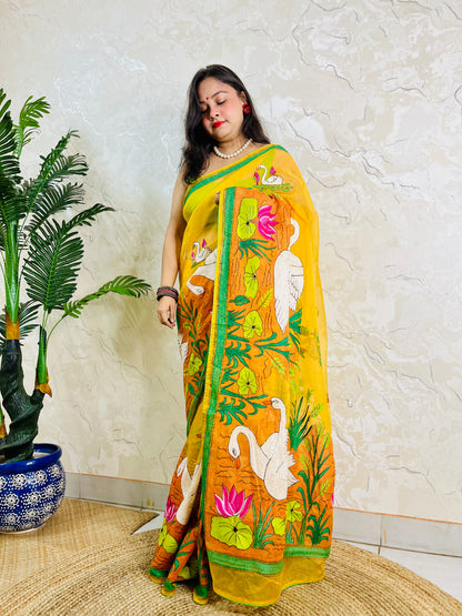 Sunshine yellow Kantha stitch saree with swan and lotus motif, front standing view
