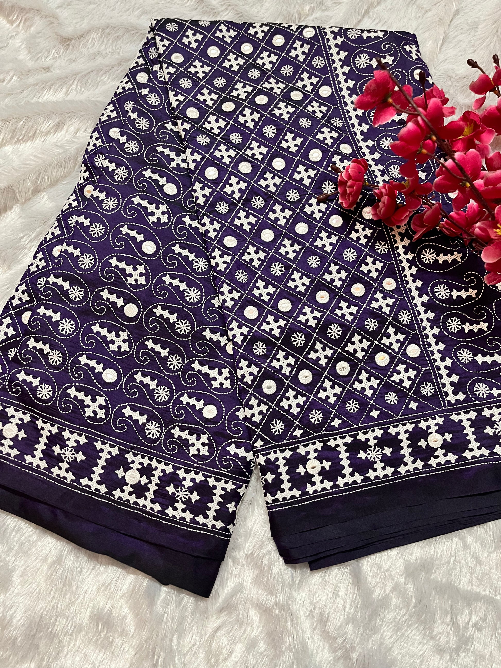 Violet Gujarati Stitch Saree with authentic Kutch hand embroidery and mirror work by Desi Aadat artisans