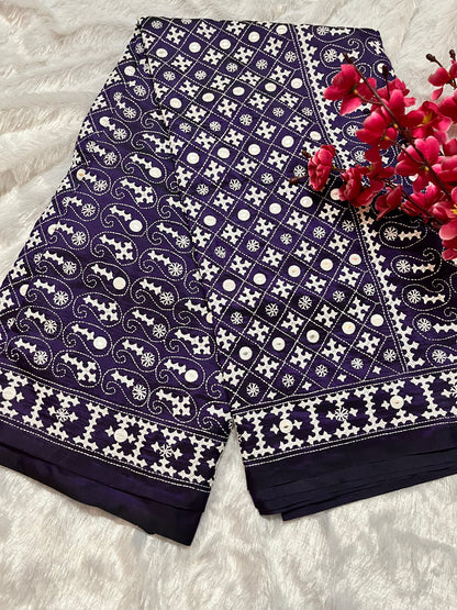 Violet Gujarati Stitch Saree with authentic Kutch hand embroidery and mirror work by Desi Aadat artisans