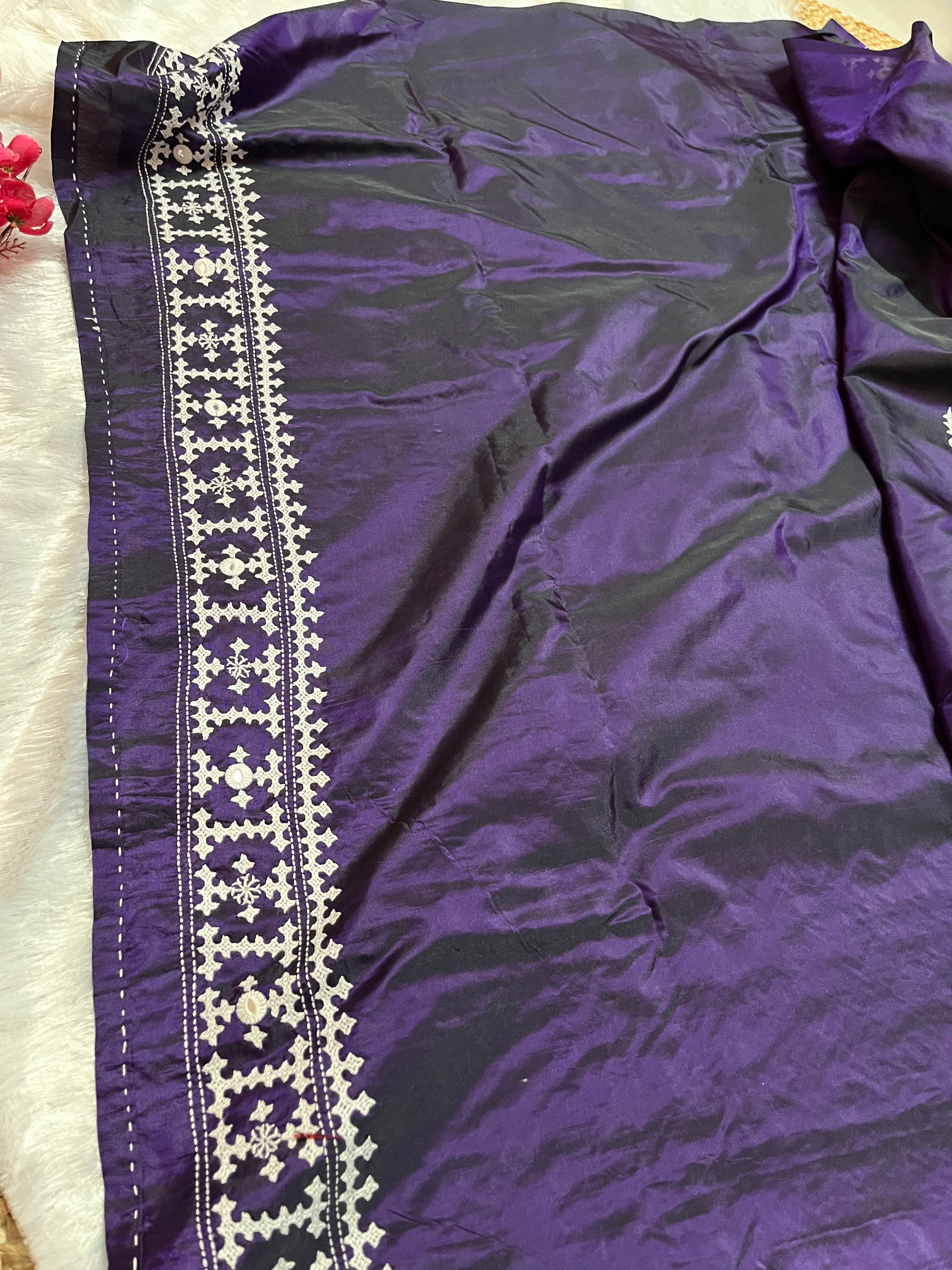 Matching violet blouse piece with coordinating Gujarati stitch and mirror details