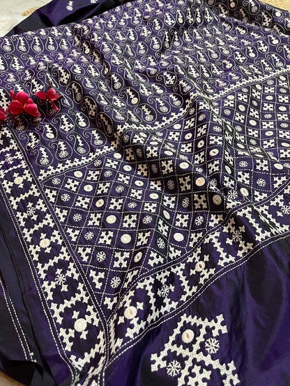 Matching violet blouse piece with coordinating Gujarati stitch and mirror details