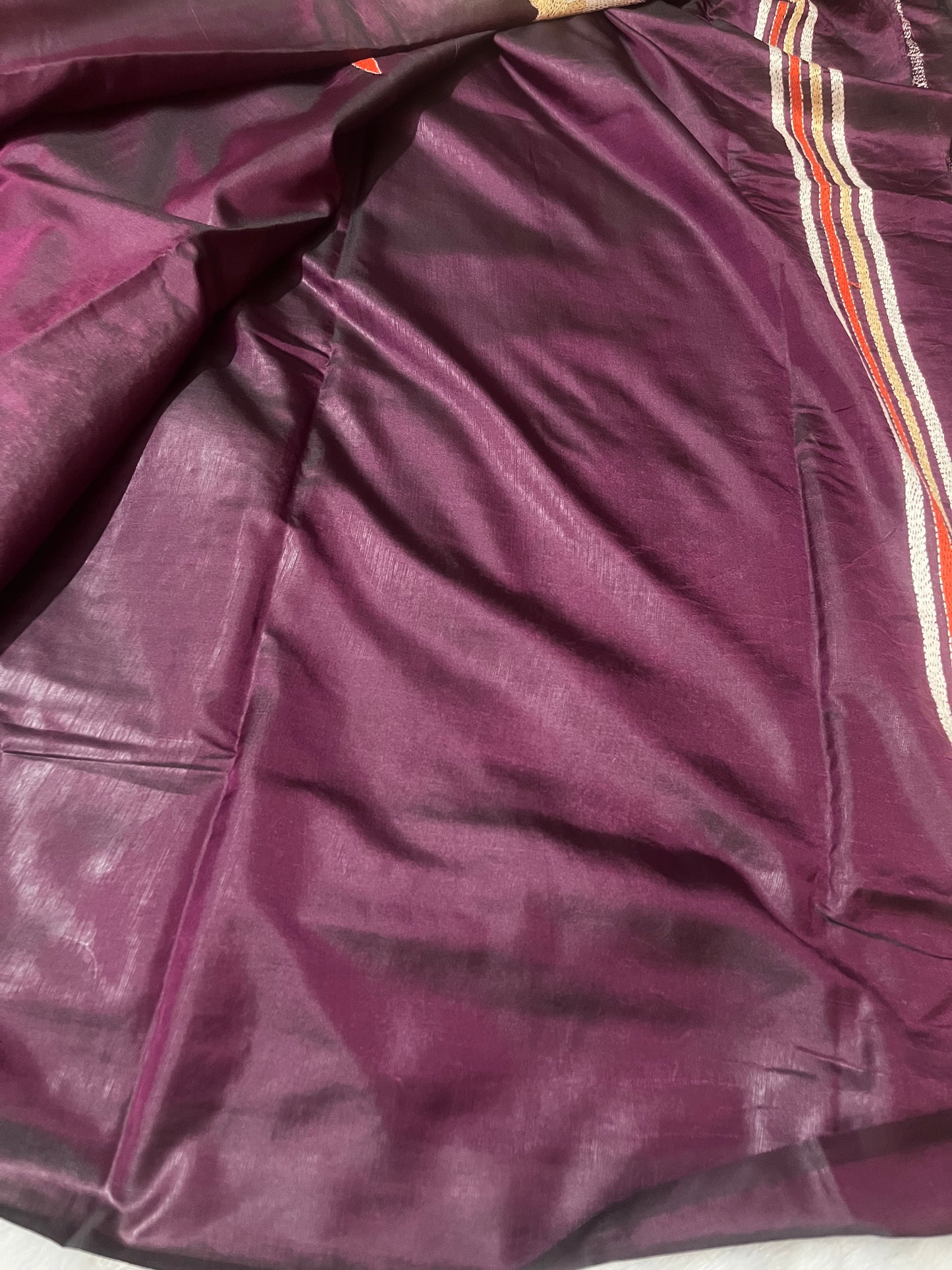 Complete wine crane motif kantha stitch saree with matching blouse piece layout