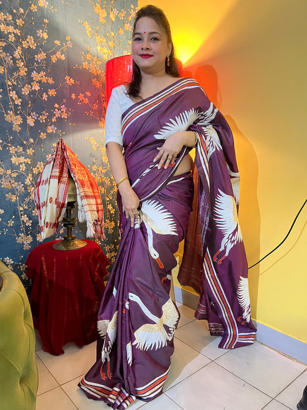 Wine colour crane motif kantha stitch saree with traditional Bengali embroidery by Desi Aadat