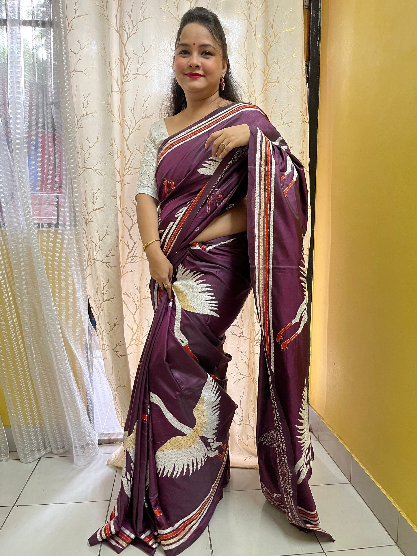 Handwoven Bangalore Silk fabric with authentic kantha stitch texture and wine colour finish