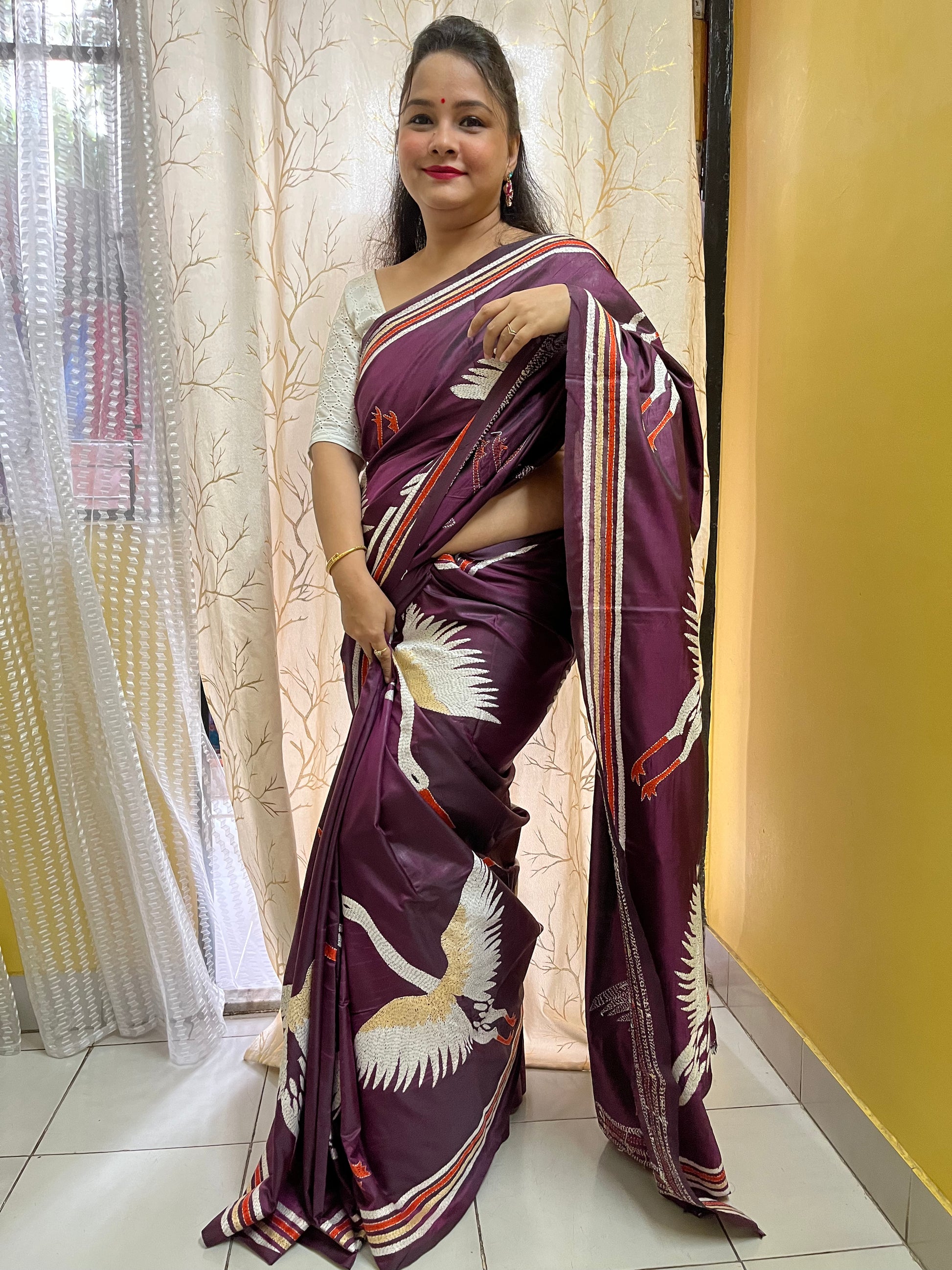 Handwoven Bangalore Silk fabric with authentic kantha stitch texture and wine colour finish