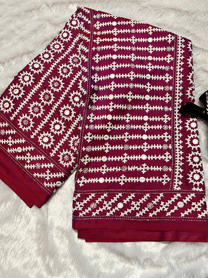 Wine red Gujarati Stitch Saree with precise Kutch geometric hand embroidery and mirror work by Desi Aadat
