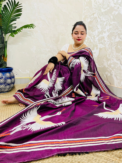 Wine Colour Crane Motif Kantha Stitch Saree