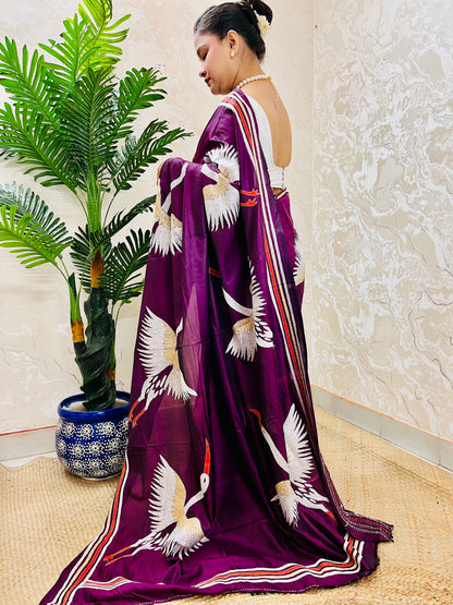 Wine Colour Crane Motif Kantha Stitch Saree