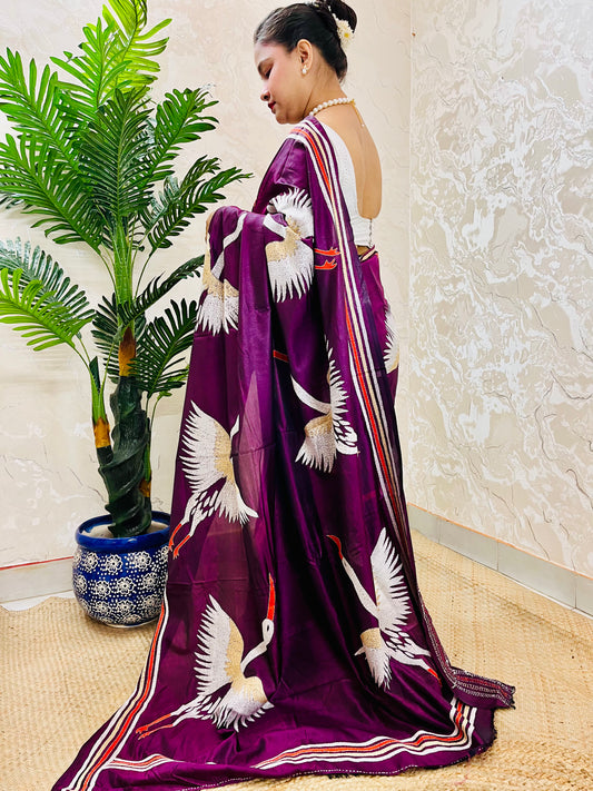 Wine Colour Crane Motif Kantha Stitch Saree