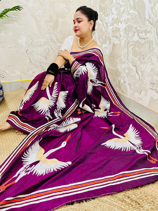 Wine Colour Crane Motif Kantha Stitch Saree