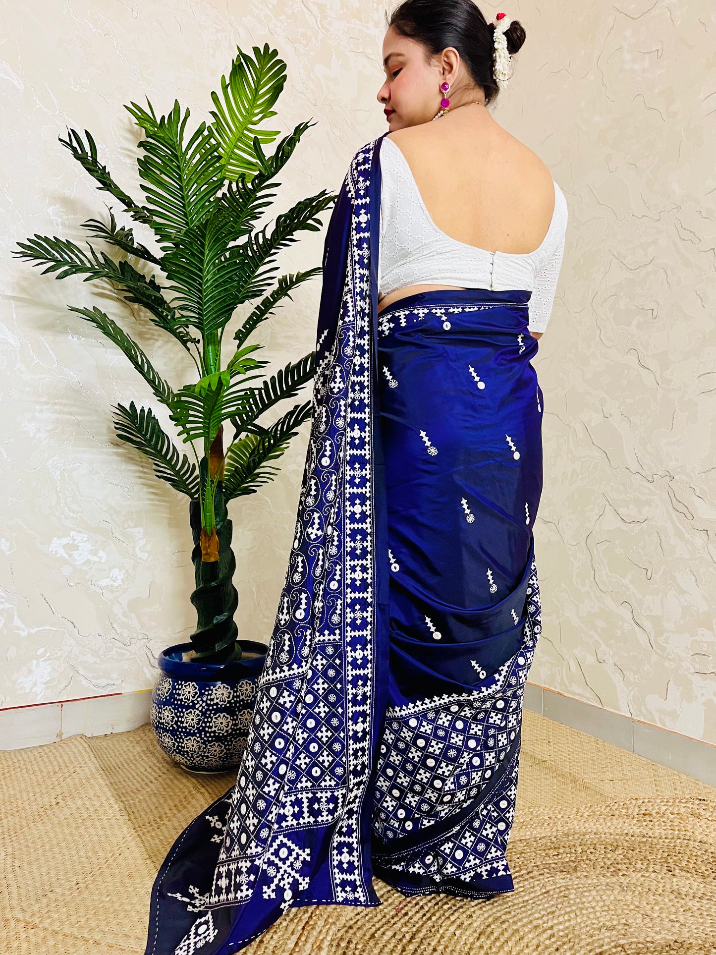 Model wearing a Violet Gujarati Stitch Saree with authentic Kutch hand embroidery and mirror work by Desi Aadat artisans