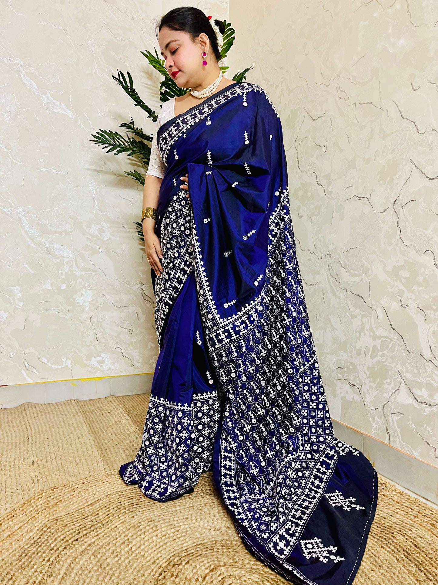 Model wearing a Violet Gujarati Stitch Saree with authentic Kutch hand embroidery and mirror work by Desi Aadat artisans