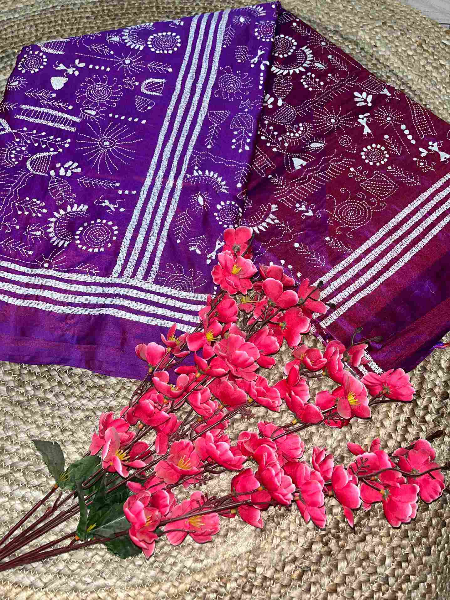 Kantha Stitch Saree – Purple Bangalore Silk with Handwoven Worli Tribal Embroidery