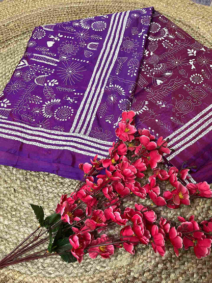 Desi Aadat Kantha Stitch Saree in Purple Blended Bangalore Silk with Worli design – handwoven elegance