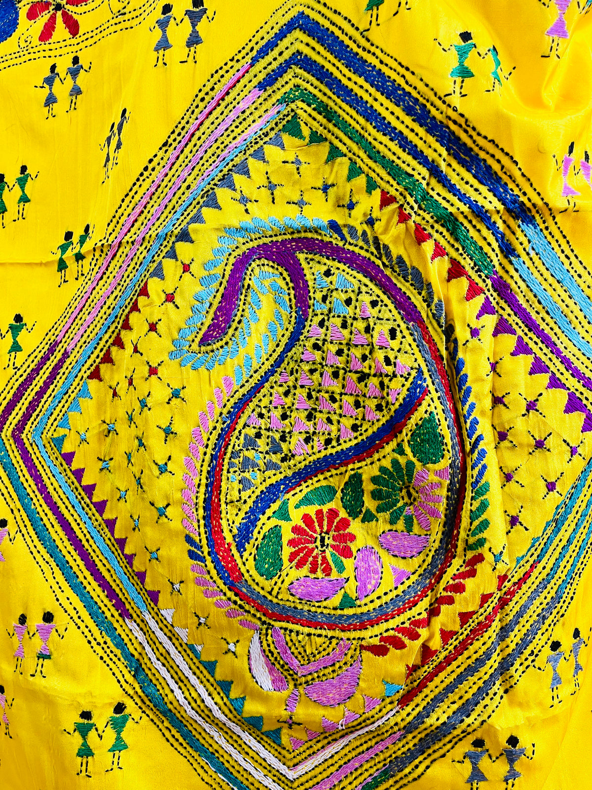 Close-up of yellow saree pallu showing Kantha embroidery paisley motif